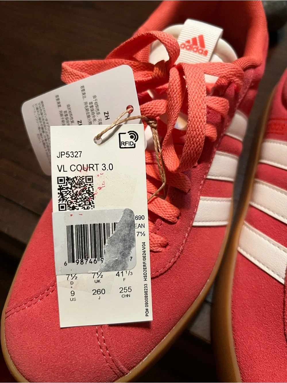 adidas| VL Court 3.0 Coral Red Suede Sneakers with Gum Sole- size 9 Women